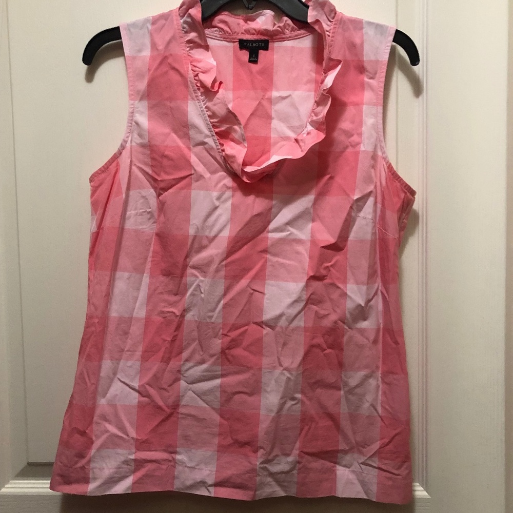 Talbots pink white cotton check ruffle neck top sleeveless size Small